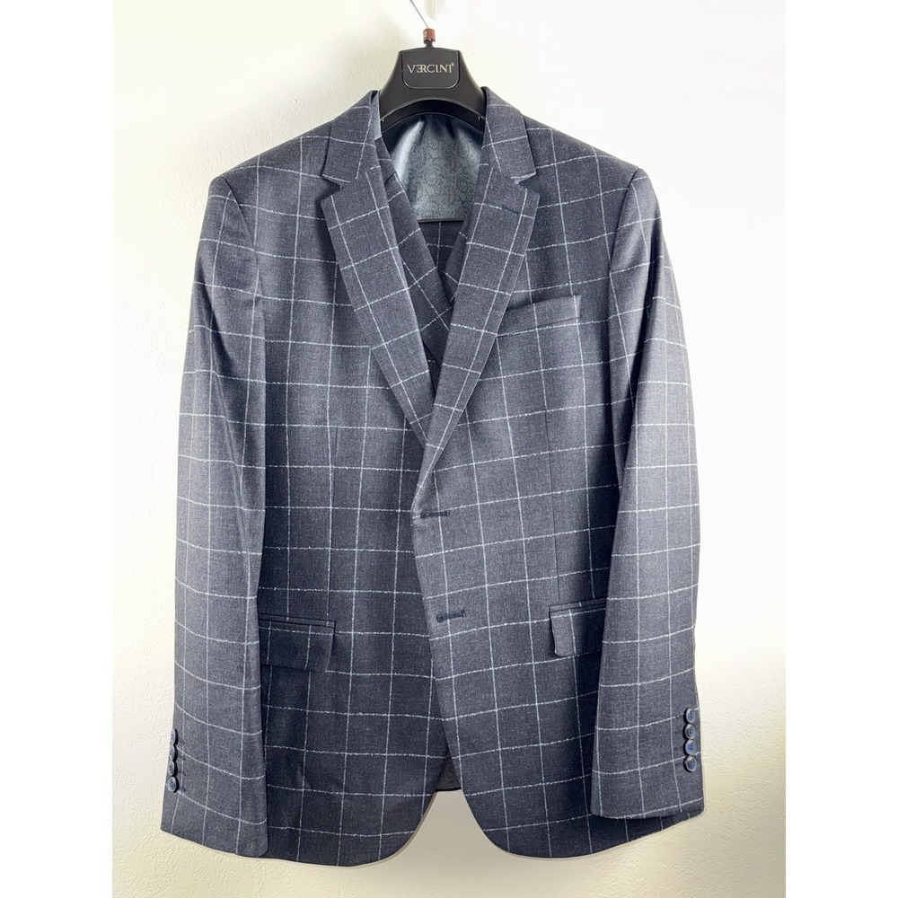 VERSINI Slim Fit Suit 3 Piece Gray Windowpane Plaid 52R‎ Jacket Vest Pants Mens